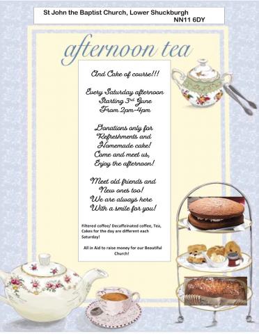 poster showing dates of afternoon teas at lower shuckburgh church, pictures of afternoon teas