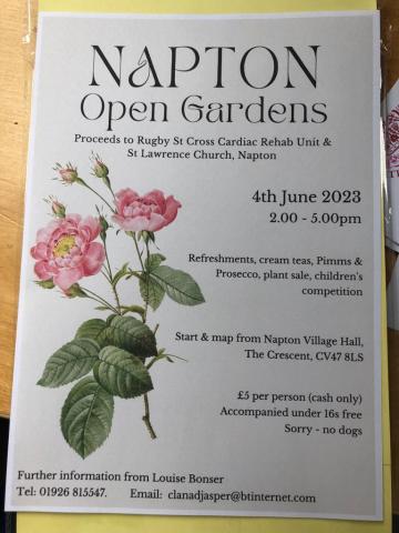 Napton Open Gardens Sunday 4th June 2pm, in aid of St Lawrence Church and Rugby St Cross Cardiac Rehab Centre