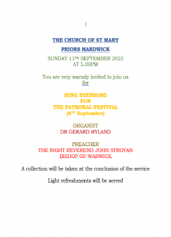 Patronal Evensong at St. Mary's Church Priors Hardwick on 11th September at 5pm with the Bishop of Warwick