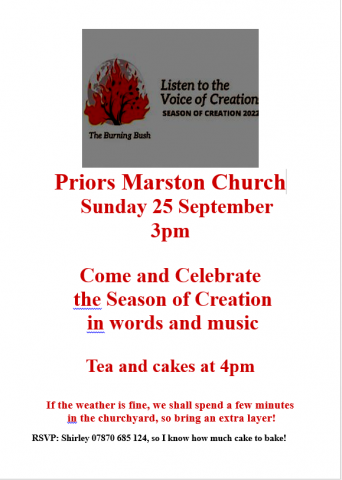 A service to celebrate the season of creation at 3pm on 25th September at St. Leonard's Church in Priors Marston